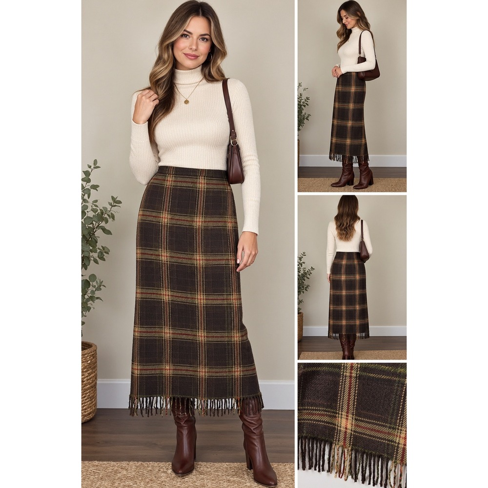 Requirements Vintage Plaid Fringe Midi Skirt Brown Green Wool Blend Size 18